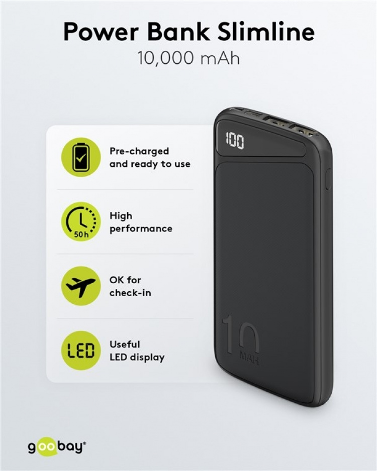 Goobay Powerbank Slimline 10.000 mAh Kraftfulla 10.000 mAh med statusdisplay Goobay Powerbank Slimline 10.000 mAh Kraftfulla 10.000 mAh med statusdisplay