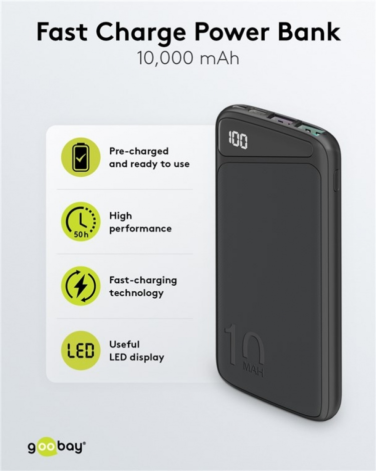 Goobay Snabbladdning Powerbank 10.000 mAh (USB-C™ PD, QC 3.0) Kraftfull powerbank med statusdisplay, kompatibel med Quick Charge