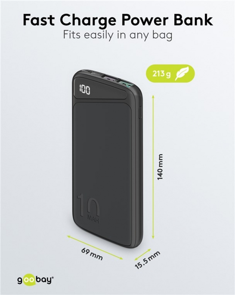 Goobay Snabbladdning Powerbank 10.000 mAh (USB-C™ PD, QC 3.0) Kraftfull powerbank med statusdisplay, kompatibel med Quick Charge