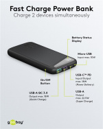 Goobay Snabbladdning Powerbank 10.000 mAh (USB-C™ PD, QC 3.0) Kraftfull powerbank med statusdisplay, kompatibel med Quick Charge