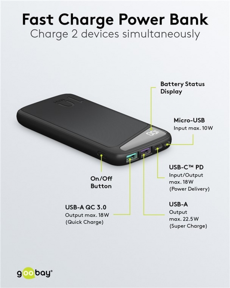Goobay Snabbladdning Powerbank 10.000 mAh (USB-C™ PD, QC 3.0) Kraftfull powerbank med statusdisplay, kompatibel med Quick Charge
