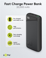 Goobay Snabbladdning Powerbank 20.000 mAh (USB-C™ PD, QC 3.0) Kraftfull powerbank med statusdisplay, kompatibel med Quick Charge