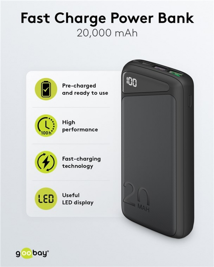 Goobay Snabbladdning Powerbank 20.000 mAh (USB-C™ PD, QC 3.0) Kraftfull powerbank med statusdisplay, kompatibel med Quick Charge