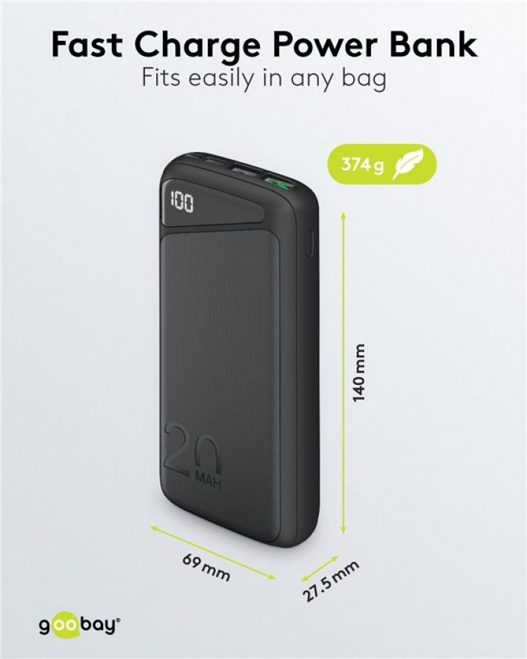 Goobay Snabbladdning Powerbank 20.000 mAh (USB-C™ PD, QC 3.0) Kraftfull powerbank med statusdisplay, kompatibel med Quick Charge