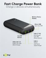 Goobay Snabbladdning Powerbank 20.000 mAh (USB-C™ PD, QC 3.0) Kraftfull powerbank med statusdisplay, kompatibel med Quick Charge