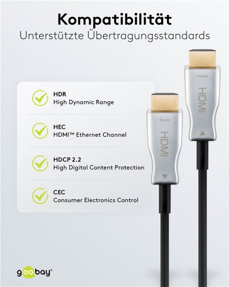 Goobay Optisk hybrid HDMI™-kabel med hög hastighet och Ethernet (AOC) Höghastighetskabel, 4K @ 60 Hz, för långa överföringsavstånd Goobay Optisk hybrid HDMI™-kabel med hög hastighet och Ethernet (AOC) Höghastighetskabel, 4K @ 60 Hz, för långa överföringsavstånd