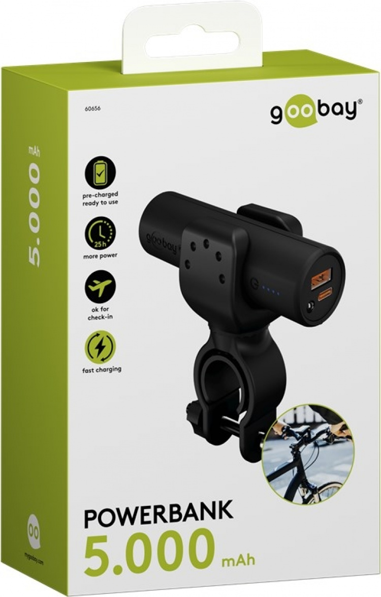 Goobay Bike powerbank 5.0 (5 000 mAh) liten, tunn och praktisk powerbank med en kapacitet på 5.000 mAh för montering på cykeln