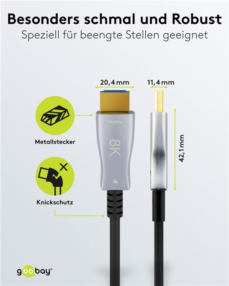 Goobay Optisk hybrid HDMI™-kabel med ultrahög hastighet och Ethernet (AOC) höghastighetskabel, 8K @ 60 Hz/ 4K @ 120 Hz, för långa överföringsavstånd