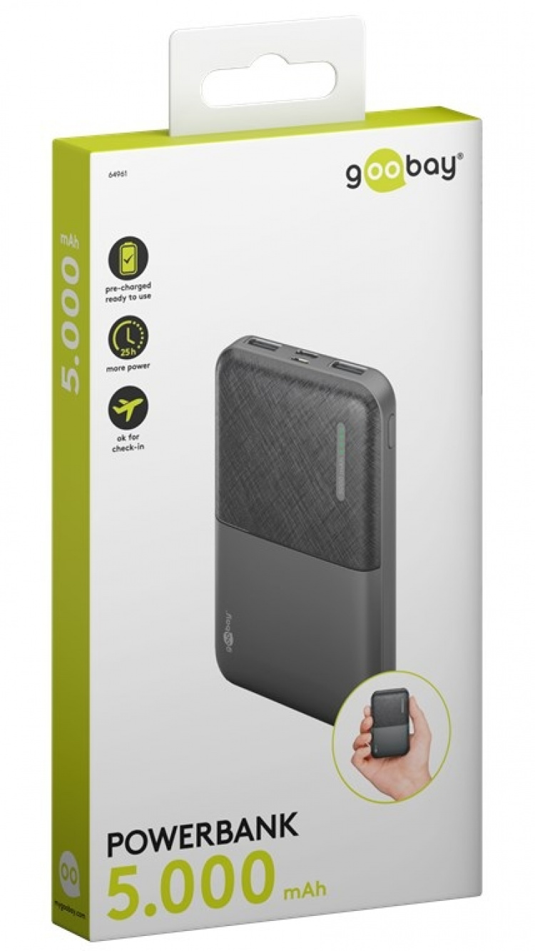 Goobay Powerbank kompakt 5.000 mAh praktisk och platsbesparande design med 5.000 mAh, perfekt för resor Goobay Powerbank kompakt 5.000 mAh praktisk och platsbesparande design med 5.000 mAh, perfekt för resor