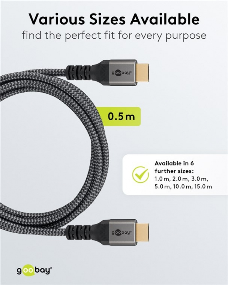 Goobay Höghastighets HDMI™-kabel med Ethernet, 0,5 m, Sharkskin Grey HDMI™-kontakt (typ A) > HDMI™-kontakt (typ A) Goobay Höghastighets HDMI™-kabel med Ethernet, 0,5 m, Sharkskin Grey HDMI™-kontakt (typ A) > HDMI™-kontakt (typ A)