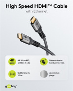 Goobay Höghastighets HDMI™-kabel med Ethernet, 1 m, Sharkskin Grey HDMI™-kontakt (typ A) > HDMI™-kontakt (typ A)