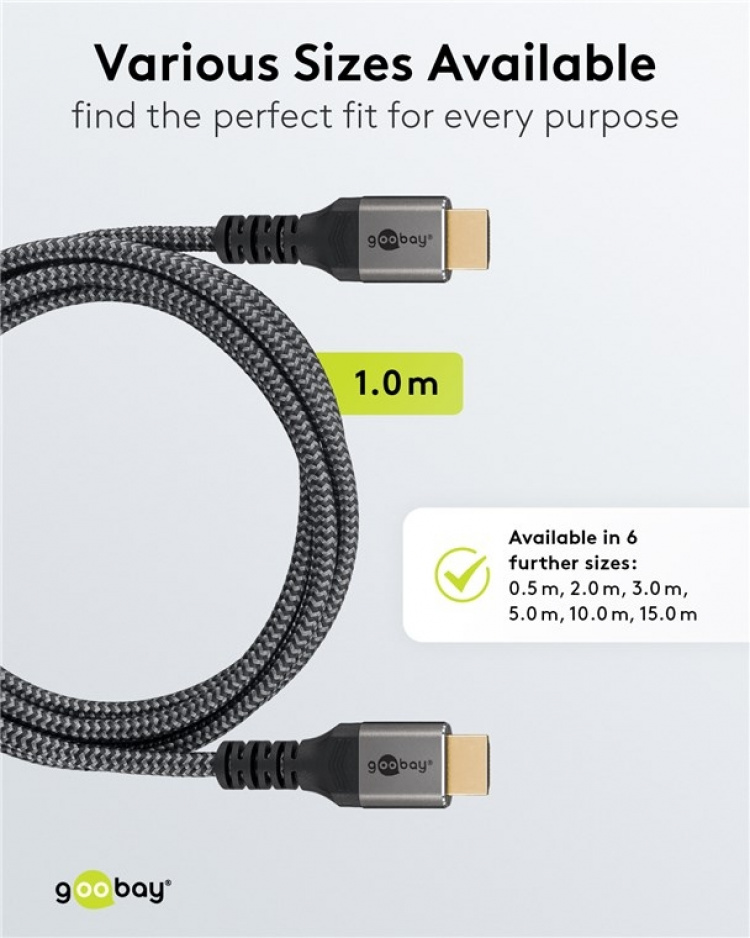 Goobay Höghastighets HDMI™-kabel med Ethernet, 1 m, Sharkskin Grey HDMI™-kontakt (typ A) > HDMI™-kontakt (typ A) Goobay Höghastighets HDMI™-kabel med Ethernet, 1 m, Sharkskin Grey HDMI™-kontakt (typ A) > HDMI™-kontakt (typ A)