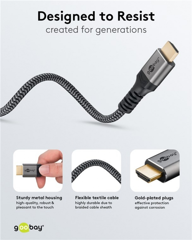 Goobay Höghastighets HDMI™-kabel med Ethernet, 3 m, Sharkskin Grey HDMI™-kontakt (typ A) > HDMI™-kontakt (typ A) Goobay Höghastighets HDMI™-kabel med Ethernet, 3 m, Sharkskin Grey HDMI™-kontakt (typ A) > HDMI™-kontakt (typ A)