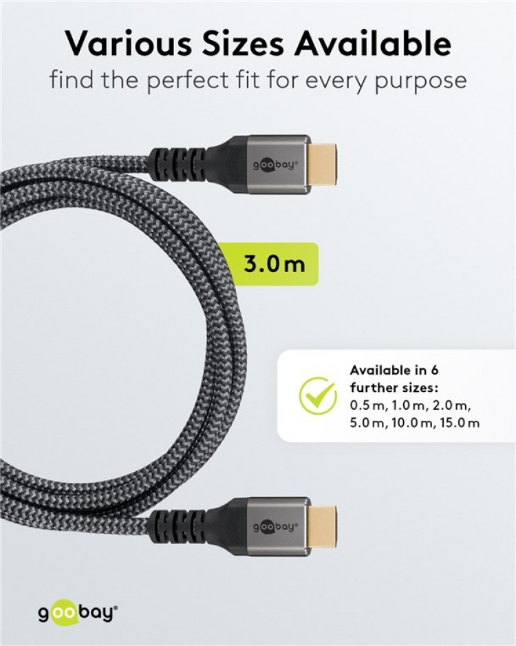 Goobay Höghastighets HDMI™-kabel med Ethernet, 3 m, Sharkskin Grey HDMI™-kontakt (typ A) > HDMI™-kontakt (typ A) Goobay Höghastighets HDMI™-kabel med Ethernet, 3 m, Sharkskin Grey HDMI™-kontakt (typ A) > HDMI™-kontakt (typ A)