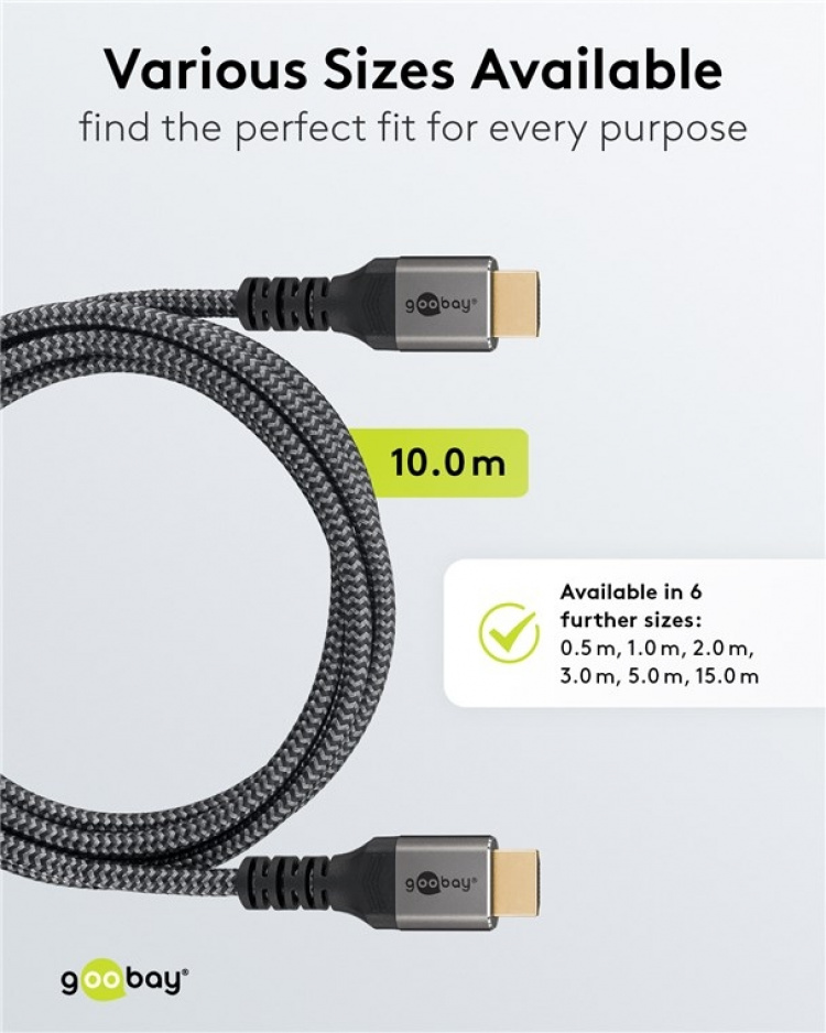 Goobay Höghastighets HDMI™-kabel med Ethernet, 10 m, Sharkskin Grey HDMI™-kontakt (typ A) > HDMI™-kontakt (typ A) Goobay Höghastighets HDMI™-kabel med Ethernet, 10 m, Sharkskin Grey HDMI™-kontakt (typ A) > HDMI™-kontakt (typ A)