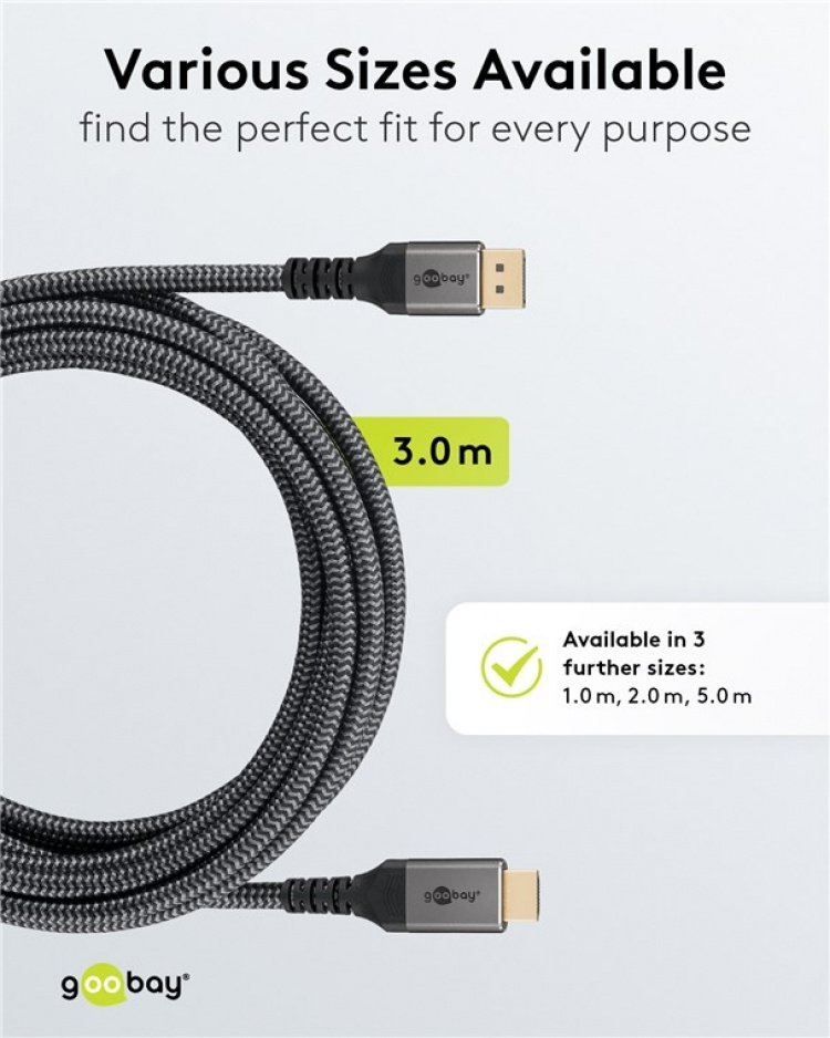 Goobay DisplayPort™ till HDMI™-kabel, 3 m, Sharkskin Grey Displayport™ plugg > HDMI™-kontakt (typ A)