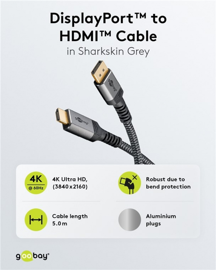 Goobay DisplayPort™ till HDMI™-kabel, 5 m, Sharkskin Grey Displayport™ plugg > HDMI™-kontakt (typ A)