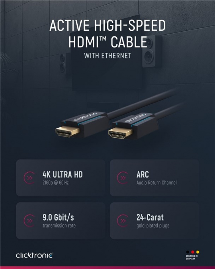 ClickTronic Aktiv Höghastighets HDMI™-kabel med Ethernet Premiumkabel | 1x HDMI™-kontakt >> 1x HDMI™-kontakt | 25,0 m | UHD 4K @ 60 Hz