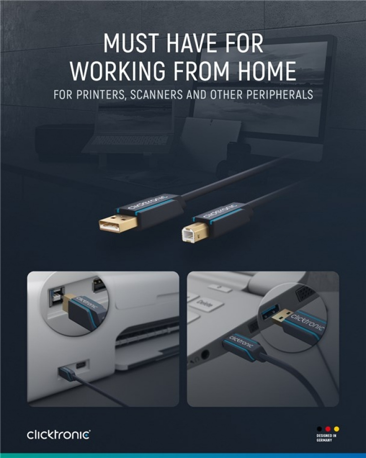 ClickTronic Adapterkabel från USB-A till USB-B 2.0 Premiumkabel | USB A-kontakt USB B 2.0-kontakt | 1,8 m | 480 Mbit/s