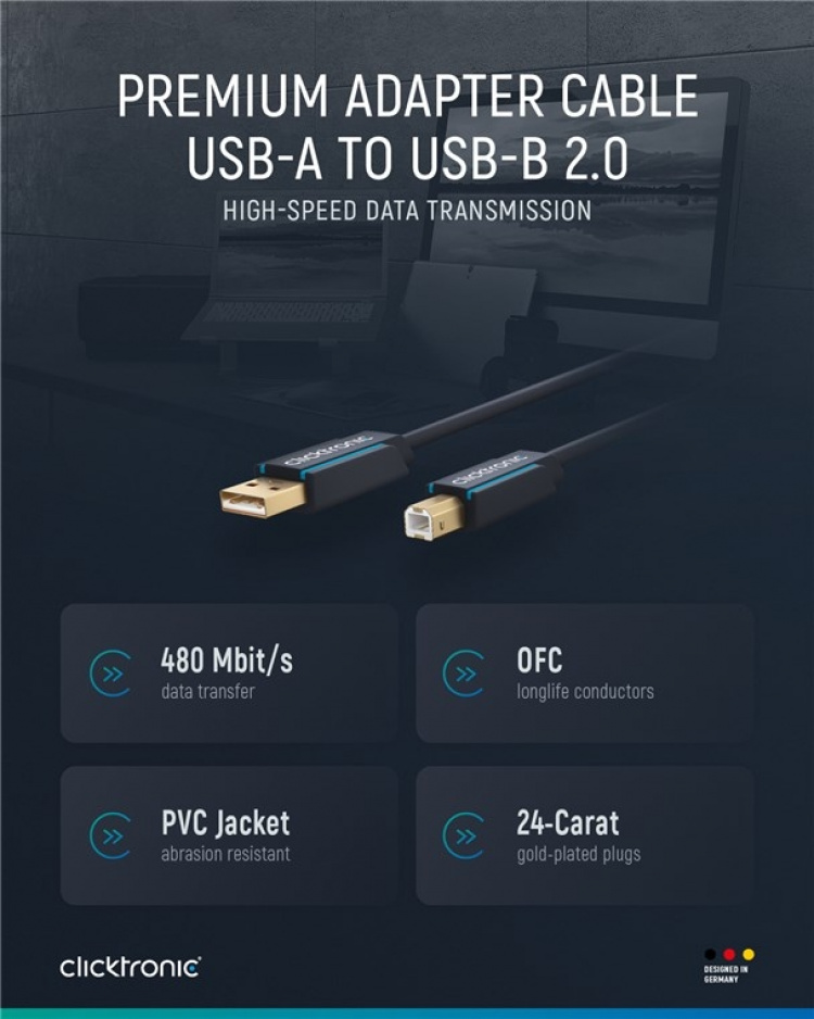 ClickTronic-sovitinkaapeli USB-A:sta USB-B 2.0:aan Premium-kaapeli | USB A-liitin USB B 2.0-liitin | 3,0 m | 480 Mbit/s ClickTronic-sovitinkaapeli USB-A:sta USB-B 2.0:aan Premium-kaapeli | USB A-liitin USB B 2.0-liitin | 3,0 m | 480 Mbit/s