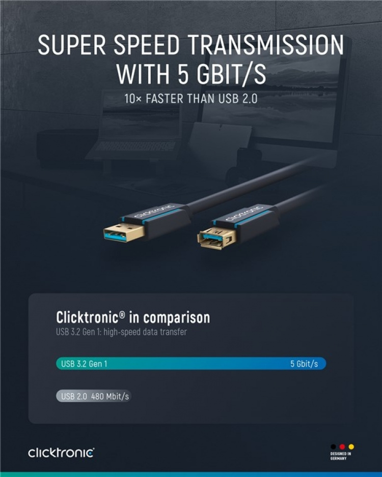 ClickTronic Förlängningskabel USB-A Premiumkabel | USB A hane USB A hona | 1,8 m | 5 Gbit/s ClickTronic Förlängningskabel USB-A Premiumkabel | USB A hane USB A hona | 1,8 m | 5 Gbit/s