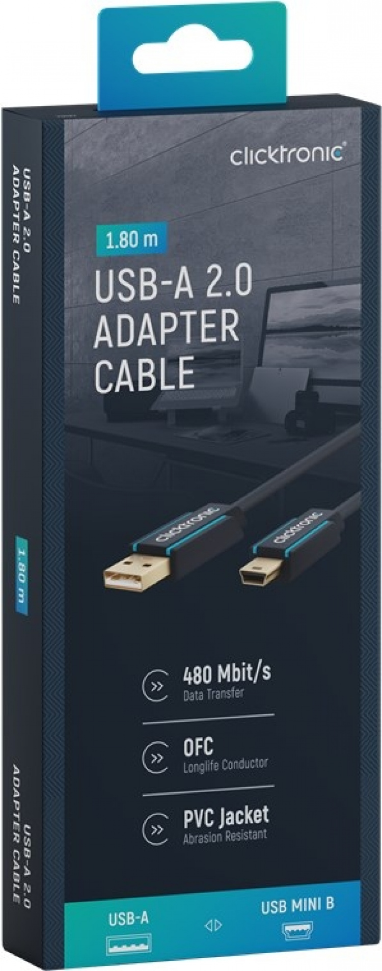 ClickTronic Sovitinkaapeli USB A:sta USB Mini B 2.0:aan Premium-kaapeli | USB A-liitin USB mini B-liitin | 1,8 m | 480 Mbit/s