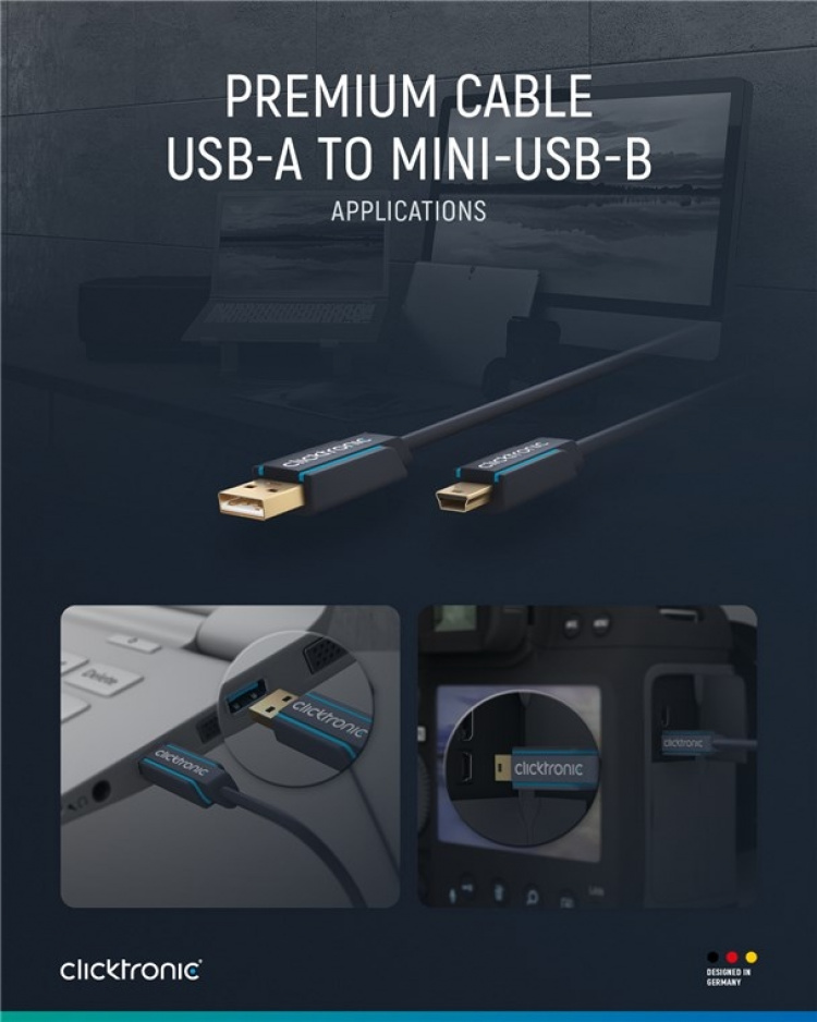 ClickTronic Sovitinkaapeli USB A:sta USB Mini B 2.0:aan Premium-kaapeli | USB A-liitin USB mini B-liitin | 1,8 m | 480 Mbit/s