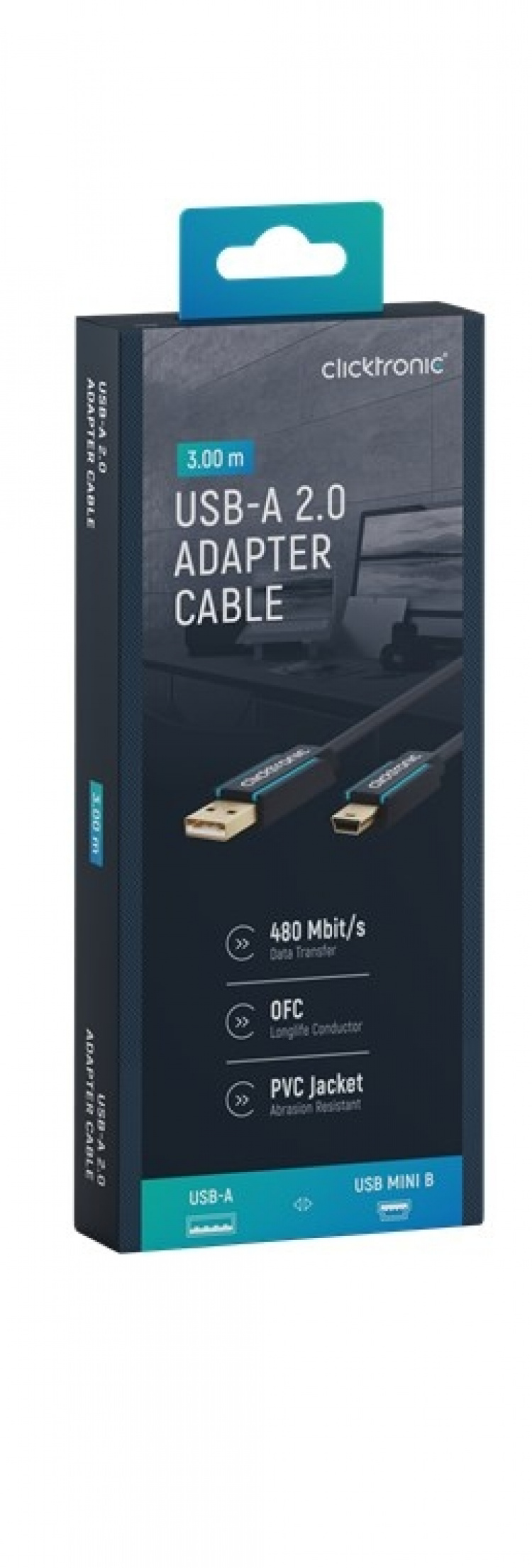 ClickTronic Adapterkabel från USB A till USB Mini B 2.0 Premiumkabel | USB A-kontakt USB mini B-kontakt | 3,0 m | 480 Mbit/s