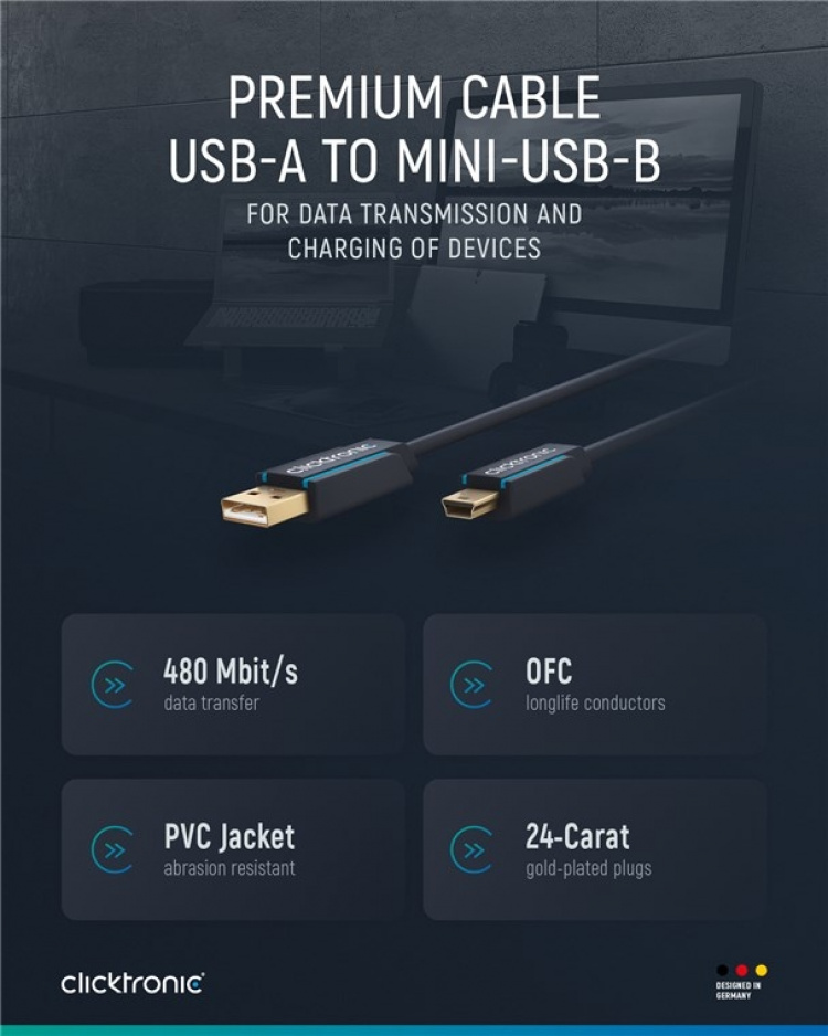 ClickTronic Adapterkabel från USB A till USB Mini B 2.0 Premiumkabel | USB A-kontakt USB mini B-kontakt | 3,0 m | 480 Mbit/s