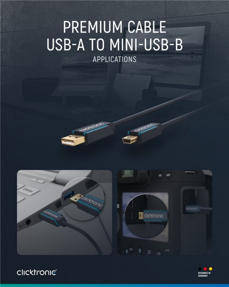 ClickTronic Adapterkabel från USB A till USB Mini B 2.0 Premiumkabel | USB A-kontakt USB mini B-kontakt | 3,0 m | 480 Mbit/s