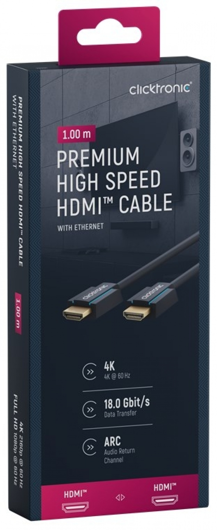 ClickTronic Premium Höghastighets HDMI™-kabel med Ethernet Premiumkabel | 1x HDMI™-kontakt 1x HDMI™-kontakt | 1,0 m | UHD 4K @ 60 Hz ClickTronic Premium Höghastighets HDMI™-kabel med Ethernet Premiumkabel | 1x HDMI™-kontakt 1x HDMI™-kontakt | 1,0 m | UHD 4K @ 60 Hz