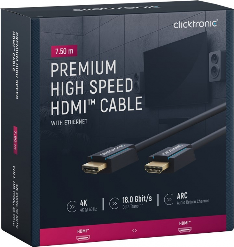 ClickTronic Höghastighets HDMI™-kabel med Ethernet Premiumkabel | 1x HDMI™-kontakt 1x HDMI™-kontakt | 7,5 m | UHD 4K @ 60 Hz ClickTronic Höghastighets HDMI™-kabel med Ethernet Premiumkabel | 1x HDMI™-kontakt 1x HDMI™-kontakt | 7,5 m | UHD 4K @ 60 Hz