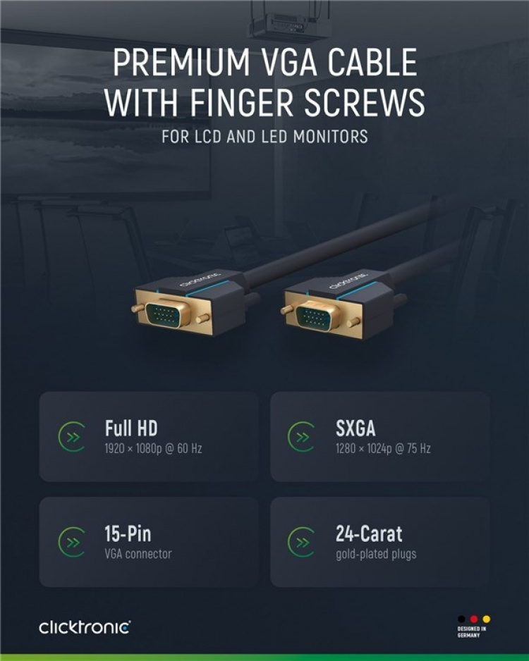 ClickTronic VGA-kabel Premiumkabel | 1x VGA-kontakt 1x VGA-kontakt | 3,0 m | SXGA @ 75 Hz ClickTronic VGA-kabel Premiumkabel | 1x VGA-kontakt 1x VGA-kontakt | 3,0 m | SXGA @ 75 Hz