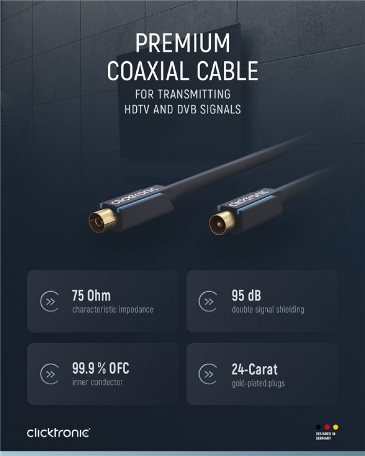ClickTronic Koaxialkabel Premiumkabel | Koaxialkontakt Koaxialkoppling | 2,0 m | > 95 dB ClickTronic Koaxialkabel Premiumkabel | Koaxialkontakt Koaxialkoppling | 2,0 m | > 95 dB