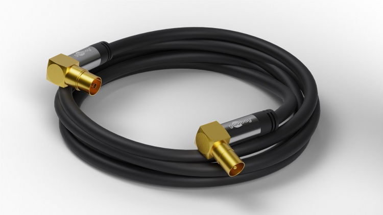 Goobay TV-antennkabel (135 dB), 4x skärmad guldpläterad, koaxial-uttag 90° > koaxial-plugg 90°