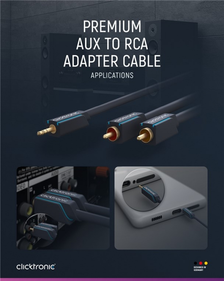 ClickTronic 3,5 mm AUX till RCA-adapterkabel, stereo Premiumkabel | 1x 3,5 mm jackkontakt 2x cinchkontakt | 7,5 m | OFC innerledare ClickTronic 3,5 mm AUX till RCA-adapterkabel, stereo Premiumkabel | 1x 3,5 mm jackkontakt 2x cinchkontakt | 7,5 m | OFC innerledare