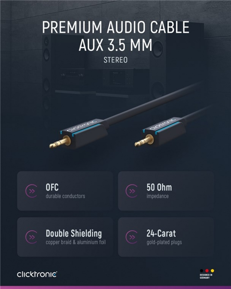 ClickTronic 3,5 mm AUX-kabel, stereo Premiumkabel | 1x 3,5 mm jackplugg 1x 3,5 mm jackplugg | 1,0 m | OFC innerledare