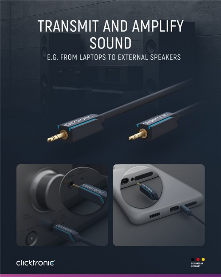 ClickTronic 3,5 mm AUX-kabel, stereo Premiumkabel | 1x 3,5 mm jackplugg 1x 3,5 mm jackplugg | 1,0 m | OFC innerledare