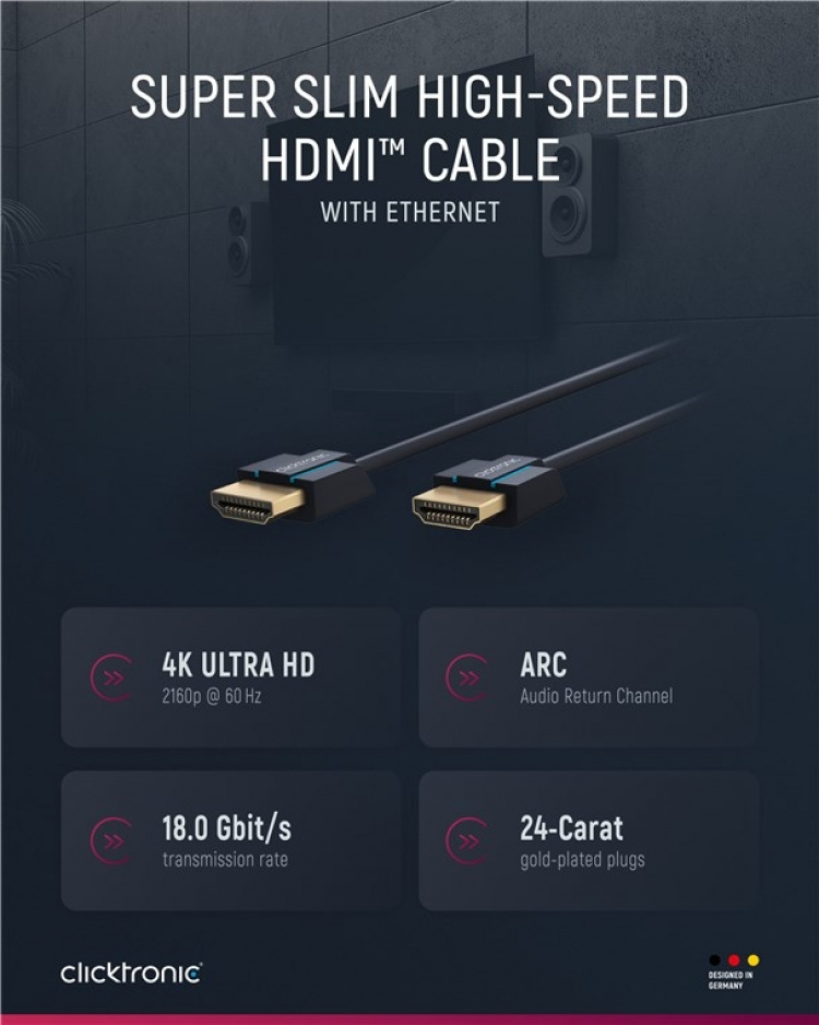 ClickTronic Ultra-Slim Höghastighets HDMI™-kabel med Ethernet Premiumkabel | 1x HDMI™-kontakt 1x HDMI™-kontakt | 2,0 m | UHD 4K @ 60 Hz ClickTronic Ultra-Slim Höghastighets HDMI™-kabel med Ethernet Premiumkabel | 1x HDMI™-kontakt 1x HDMI™-kontakt | 2,0 m | UHD 4K @ 60 Hz