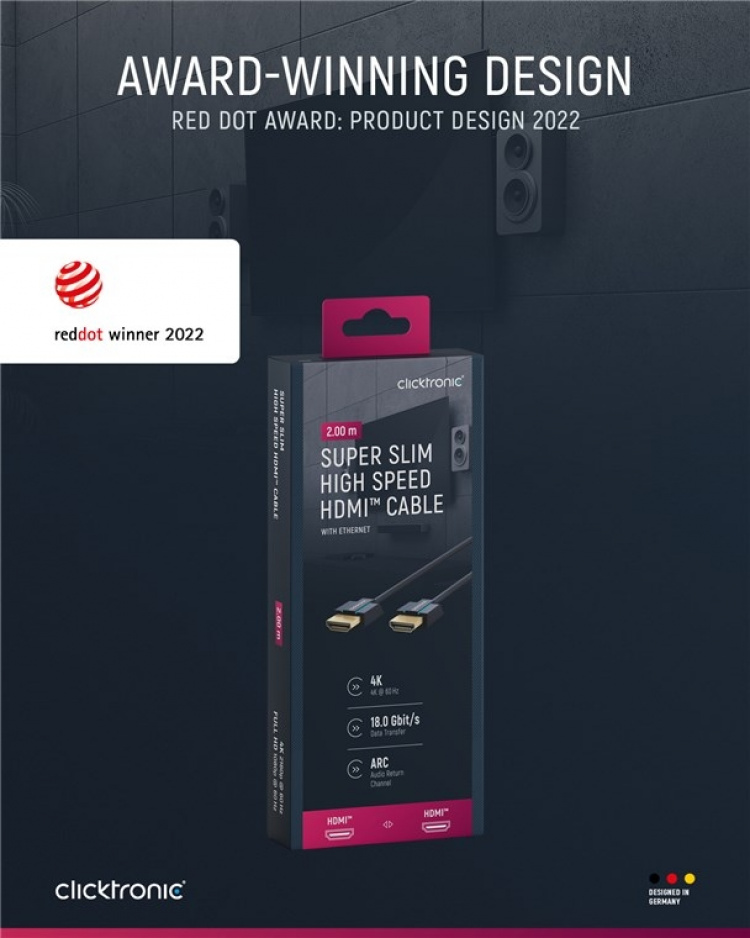 ClickTronic Ultra-Slim Höghastighets HDMI™-kabel med Ethernet Premiumkabel | 1x HDMI™-kontakt 1x HDMI™-kontakt | 2,0 m | UHD 4K @ 60 Hz ClickTronic Ultra-Slim Höghastighets HDMI™-kabel med Ethernet Premiumkabel | 1x HDMI™-kontakt 1x HDMI™-kontakt | 2,0 m | UHD 4K @ 60 Hz