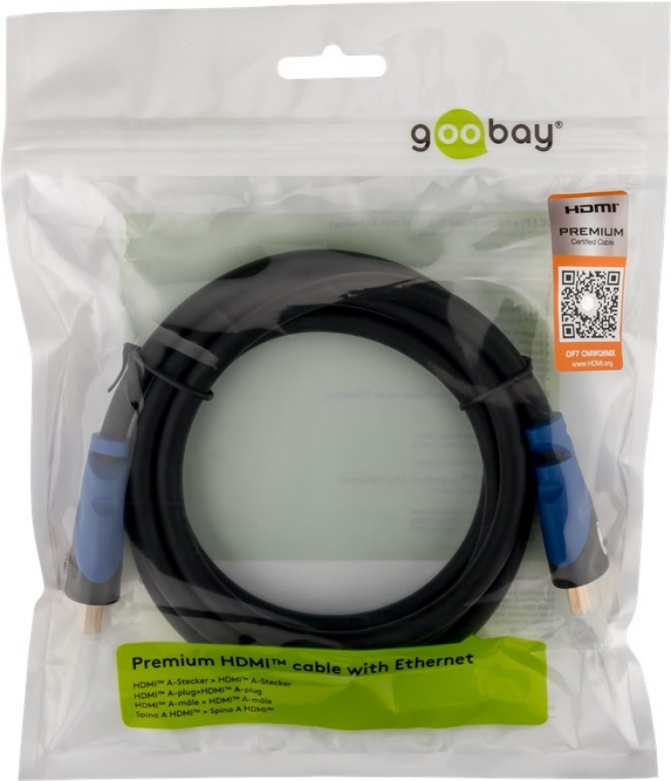 Goobay Premium höghastighets HDMI™-kabel med Ethernet, certifierad HDMI™-kontakt (typ A) > HDMI™-kontakt (typ A) Goobay Premium höghastighets HDMI™-kabel med Ethernet, certifierad HDMI™-kontakt (typ A) > HDMI™-kontakt (typ A)
