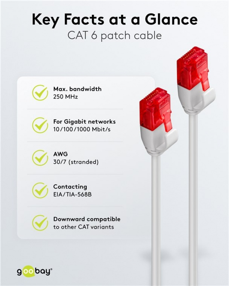 Goobay CAT 6 smal patchkabel, U/UTP, grå kopparledare (CU) Goobay CAT 6 smal patchkabel, U/UTP, grå kopparledare (CU)