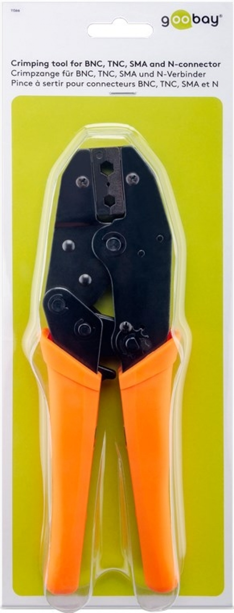 Goobay Crimptång för BNC-, TNC-, SMA- och N-kontakter lämplig för koaxialkablar av typ RG-58, RG-59, RG-62, RG-140, RG-141, RG-142, RG-210, RG-223, RG-303 och RG-400 Goobay Crimptång för BNC-, TNC-, SMA- och N-kontakter lämplig för koaxialkablar av typ RG-58, RG-59, RG-62, RG-140, RG-141, RG-142, RG-210, RG-223, RG-303 och RG-400
