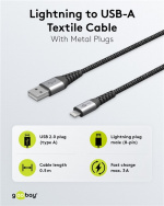 Goobay Lightning till USB-A-textilkabel med metallpluggar 1 m elegant och extra robust anslutningskabel för t.ex. Apple iPhone, iPad (Apple MFi certifierad) Goobay Lightning till USB-A-textilkabel med metallpluggar 1 m elegant och extra robust anslutningskabel för t.ex. Apple iPhone, iPad (Apple MFi certifierad)