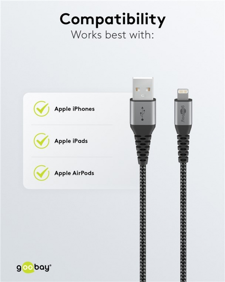 Goobay Lightning till USB-A-textilkabel med metallpluggar 2 m elegant och extra robust anslutningskabel för t.ex. Apple iPhone, iPad (Apple MFi certifierad)