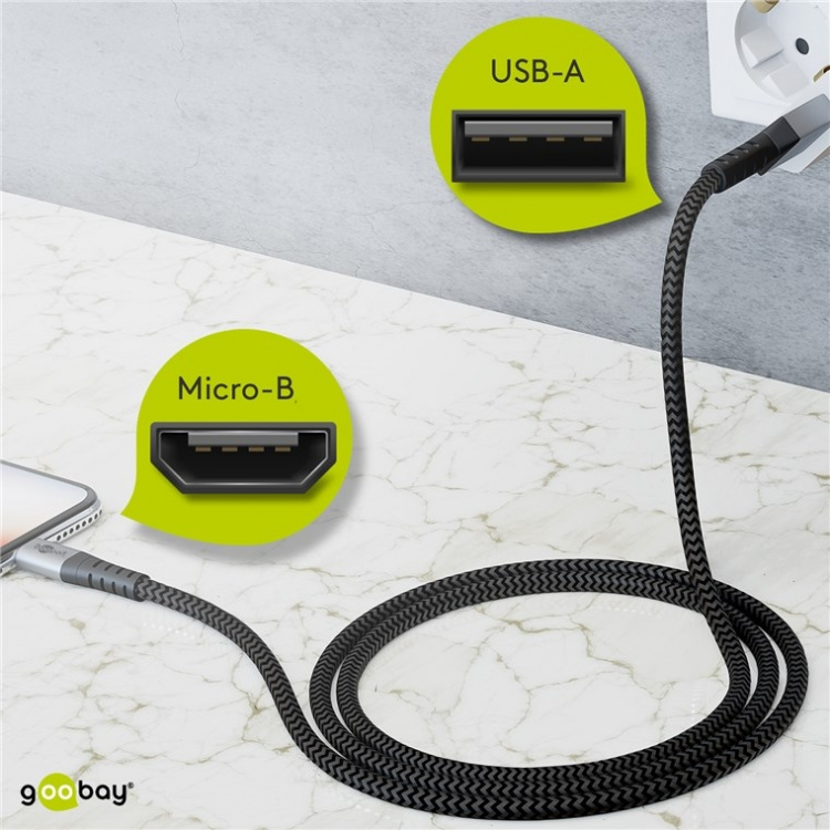 Goobay Micro-USB till USB-A textilkabel med metallkontakter 1 m elegant och extra robust anslutningskabel för enheter med Micro-USB-anslutning Goobay Micro-USB till USB-A textilkabel med metallkontakter 1 m elegant och extra robust anslutningskabel för enheter med Micro-USB-anslutning