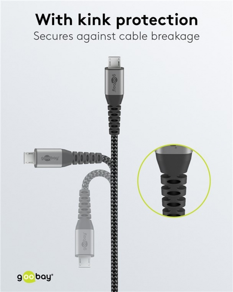 Goobay Micro-USB till USB-A textilkabel med metallkontakter 2 m elegant och extra robust anslutningskabel för enheter med Micro-USB-anslutning