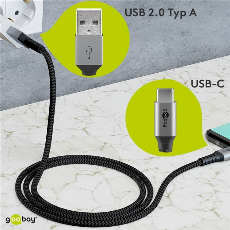 Goobay USB-C™ till USB-A textilkabel med metallkontakter 0,5 m elegant och extra robust anslutningskabel för enheter med USB-C™-port Goobay USB-C™ till USB-A textilkabel med metallkontakter 0,5 m elegant och extra robust anslutningskabel för enheter med USB-C™-port