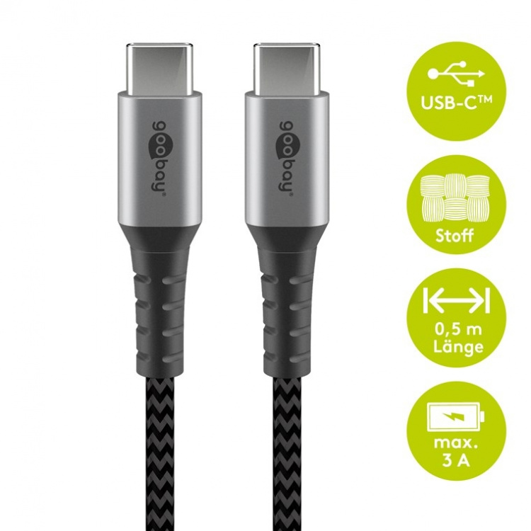 Goobay USB-C™ - USB-C™ tekstiilikaapeli metalliliittimillä 0,5 m tyylikäs ja erittäin kestävä liitäntäkaapeli laitteisiin, joissa on USB-C™-portti Goobay USB-C™ - USB-C™ tekstiilikaapeli metalliliittimillä 0,5 m tyylikäs ja erittäin kestävä liitäntäkaapeli laitteisiin, joissa on USB-C™-portti