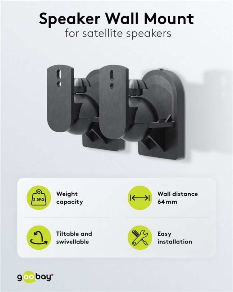 Goobay Högtalarfästning universal universalhögtalarhållare för väggmontering, (svängbart och lutat) för högtalare upp till max. 3,5 kg, svart Goobay Högtalarfästning universal universalhögtalarhållare för väggmontering, (svängbart och lutat) för högtalare upp till max. 3,5 kg, svart